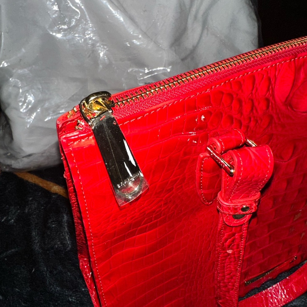 Used Once Brahmin Anywhere Melbourne Embossed Leather Tote Color:Red Carnation - Picture 8 of 9